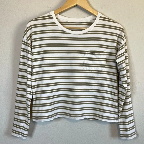 Everlane Long Sleeve Box Cut Pocket Tee Olive Green Tan Striped Shirt Size XS - Picture 2 of 10
